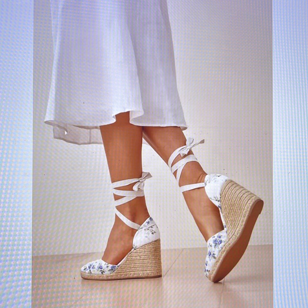 Reformation White Floral Espadrille Wedge with Ankle Wrap - Picture 2 of 11